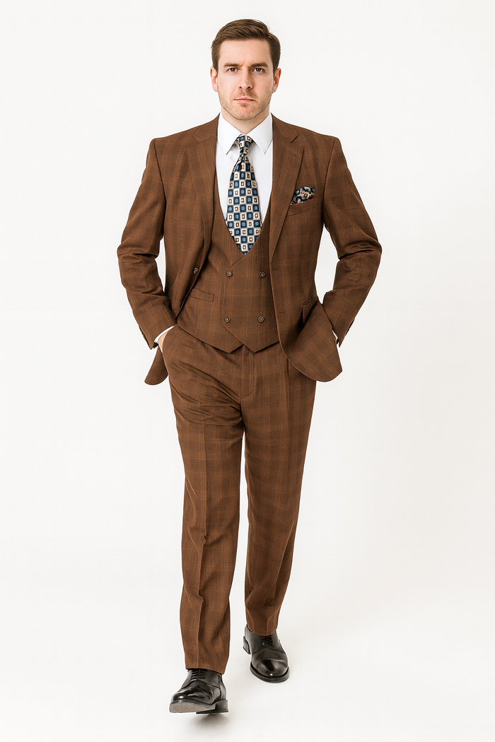 Modern Fit Plaid Windowpane Men's Suit with Double-Breasted Vest - Brown