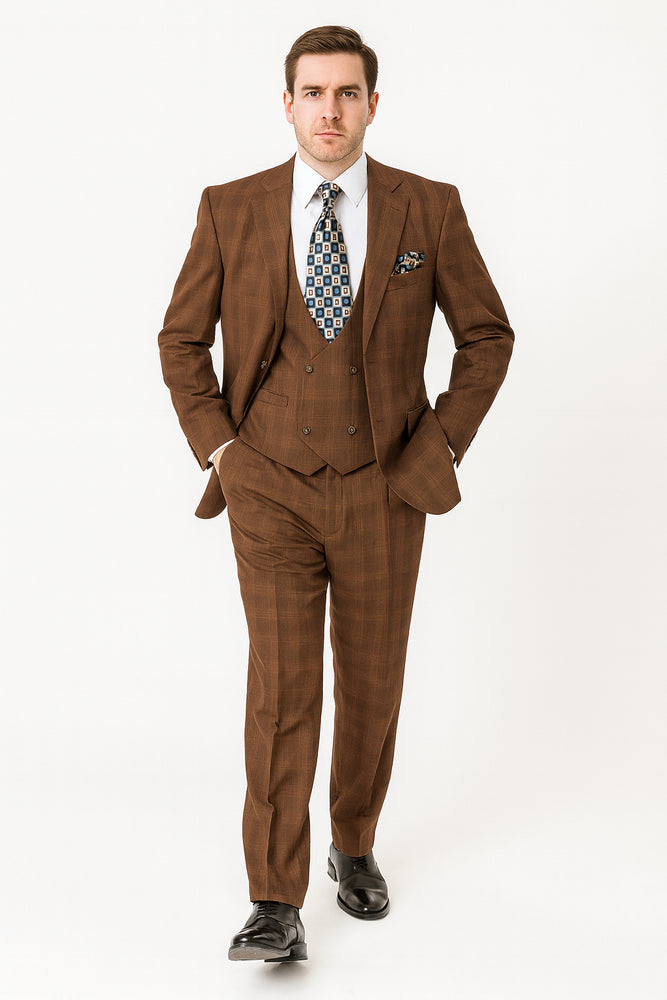 Modern Fit Plaid Windowpane Men's Suit with Double-Breasted Vest - Brown