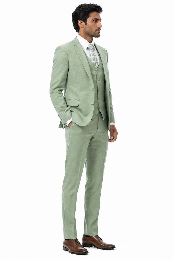 EJ Samuel Mens Modern Fit Sharkskin Vested Suit in Moss Green
