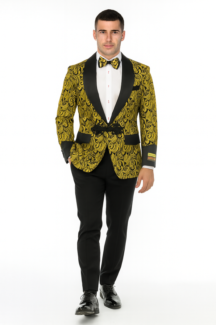 Cheap Men's Printed Unique Patterned Print Floral Tuxedo Flower Jacket Prom 2026 custom celebrity modern Tux Gold ~ Black