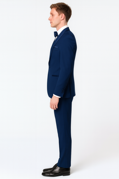 Men’s Navy Blue with Blue Trim Three-Piece Tuxedo with Satin Shawl Lapel and Bow Tie Wedding Suit