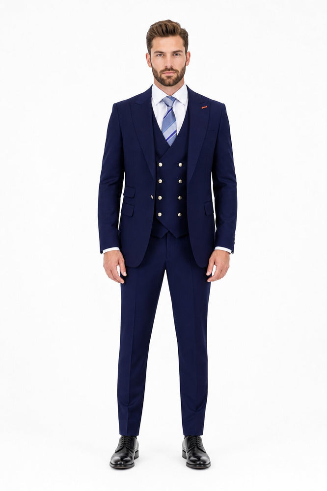 Men's Navy Statement Ticket Pocket Peak Lapel Wool Double Breasted Vest Suit with Silver Buttons – Modern Fit