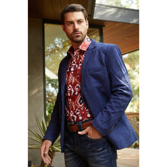 Men’s Navy Faux Suede Blazer with Double Button Closure