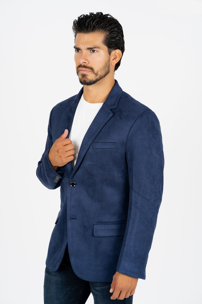 Men’s Navy Faux Suede Blazer with Double Button Closure
