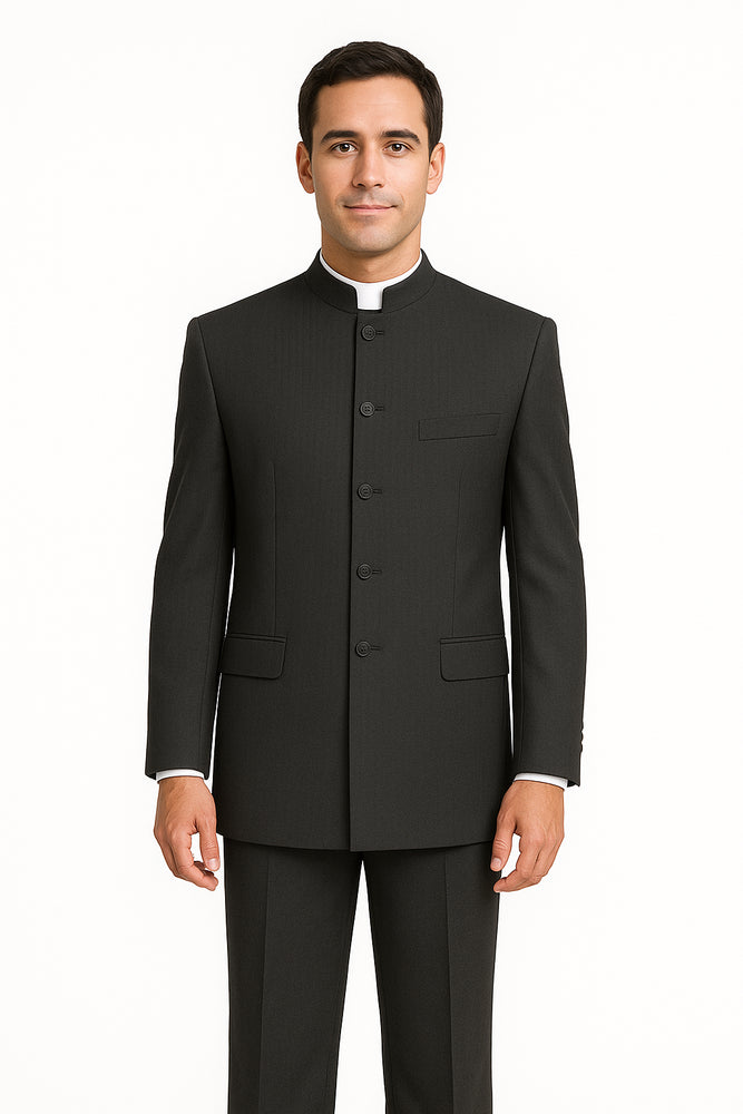 Men's Suit Mandarin Collar Black Pinstripe 5 Button Chinese Nehru Banded Collar Style Three Piece Low Priced Fashion Outfits Suits