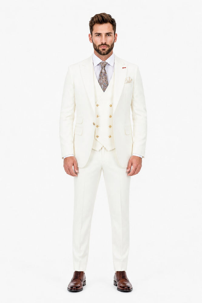 Men's Off White Statement Ticket Pocket Peak Lapel Wool Double Breasted Vest Suit with Gold Buttons – Modern Fit