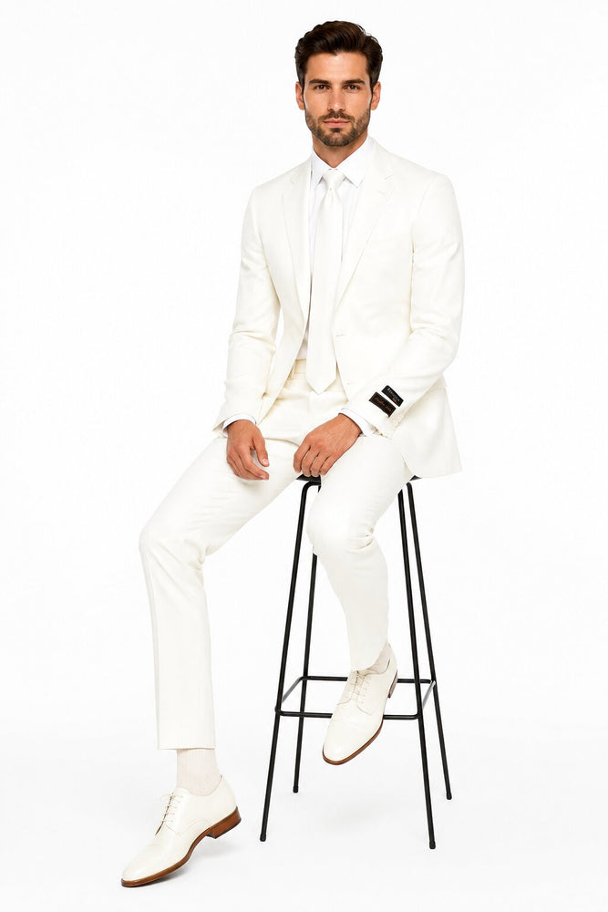 Tiglio Italian Suit - Real Wool Fabric Super 150's Novello Off-White, Modern Fit Suit in Color Off-White