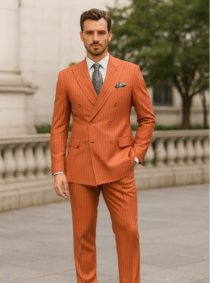 Premium Orange Pinstripe Suit – Tailored Men’s Formal Ensemble