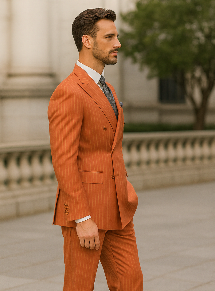 Premium Orange Pinstripe Suit – Tailored Men’s Formal Ensemble