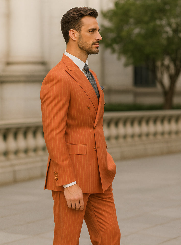 Premium Orange Pinstripe Suit – Tailored Men’s Formal Ensemble