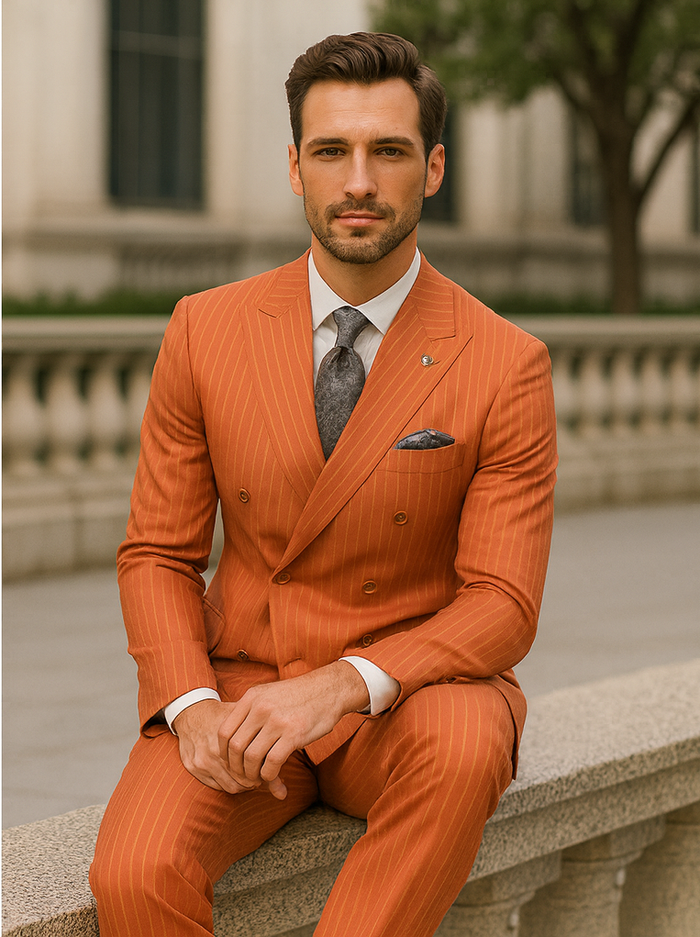 Premium Orange Pinstripe Suit – Tailored Men’s Formal Ensemble