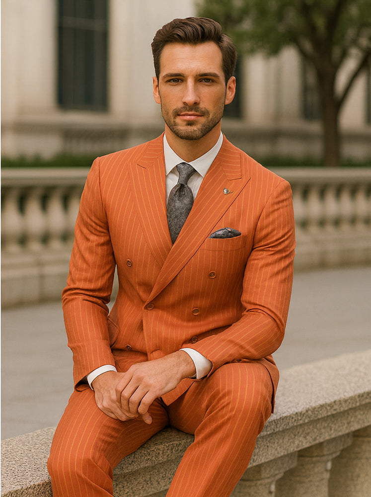 Premium Orange Pinstripe Suit – Tailored Men’s Formal Ensemble