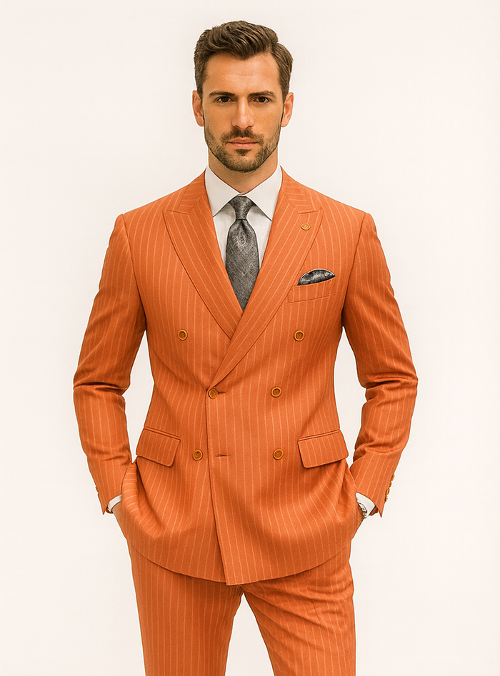 Premium Orange Pinstripe Suit – Tailored Men’s Formal Ensemble