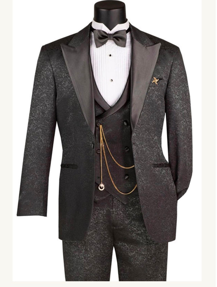 Mens Paisley Black Prom Tuxedo – 3-Piece Wedding Suit with Satin Peak Lapel & Double-Breasted Vest