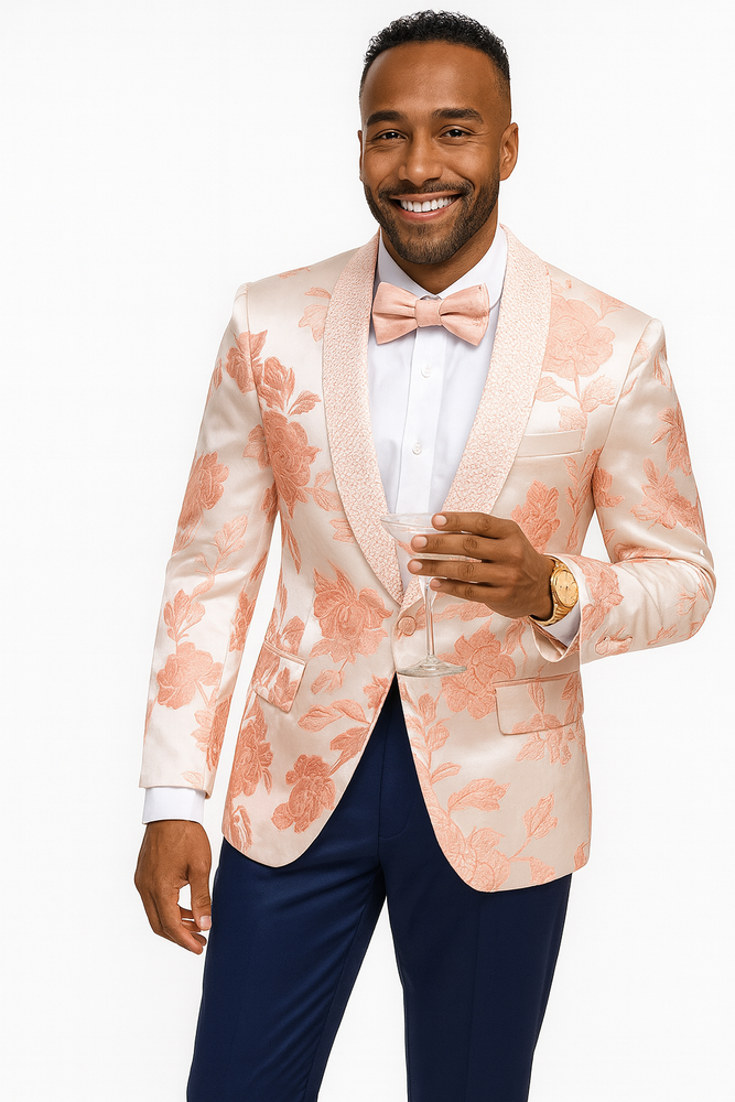 Mens Paisley Jeweled Shawl Prom 2025 Tuxedo in Blush Pink