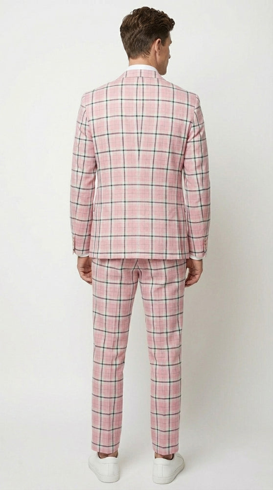 Mens Pink and Black Plaid Designer Suit Set – Stylish Suit with Check Pattern Jacket and Windownpane Summer Color