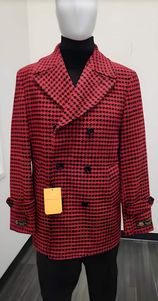 Men's Red Plaid Wool Blend Peacoat - Winter Overcoat