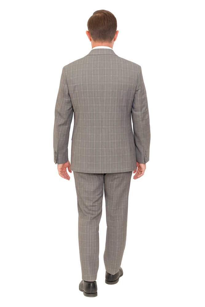 Mens Plaid Suit Designer Affordable Inexpensive Men's Windowpane Pattern Gray-Blue Suit Flat Front Pant