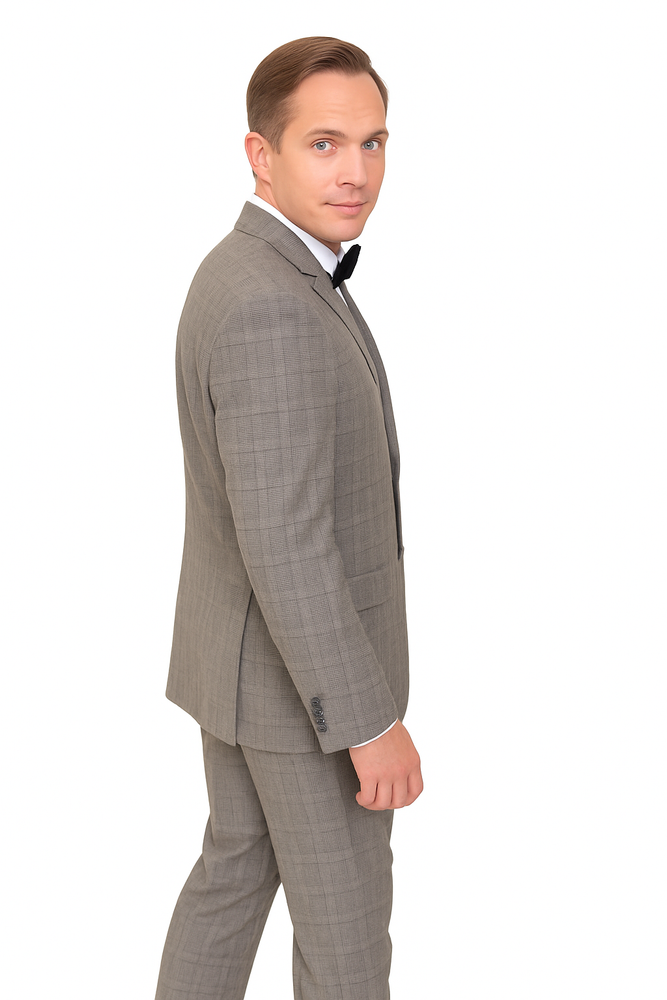 Mens Plaid Suit Designer Affordable Inexpensive Men's Windowpane Pattern Gray-Blue Suit Flat Front Pant