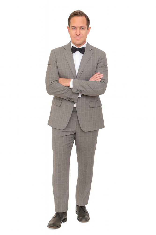 Mens Plaid Suit Designer Affordable Inexpensive Men's Windowpane Pattern Gray-Blue Suit Flat Front Pant