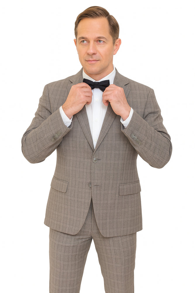 Mens Plaid Suit Designer Affordable Inexpensive Men's Windowpane Pattern Gray-Blue Suit Flat Front Pant