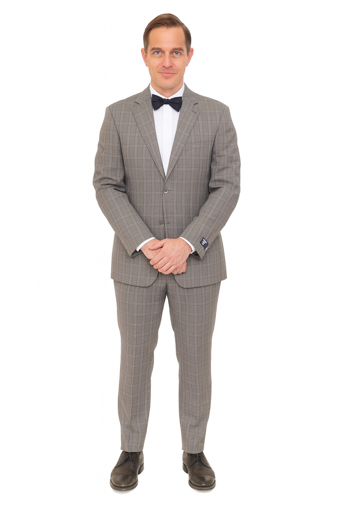 Mens Plaid Suit Designer Affordable Inexpensive Men's Windowpane Pattern Gray-Blue Suit Flat Front Pant