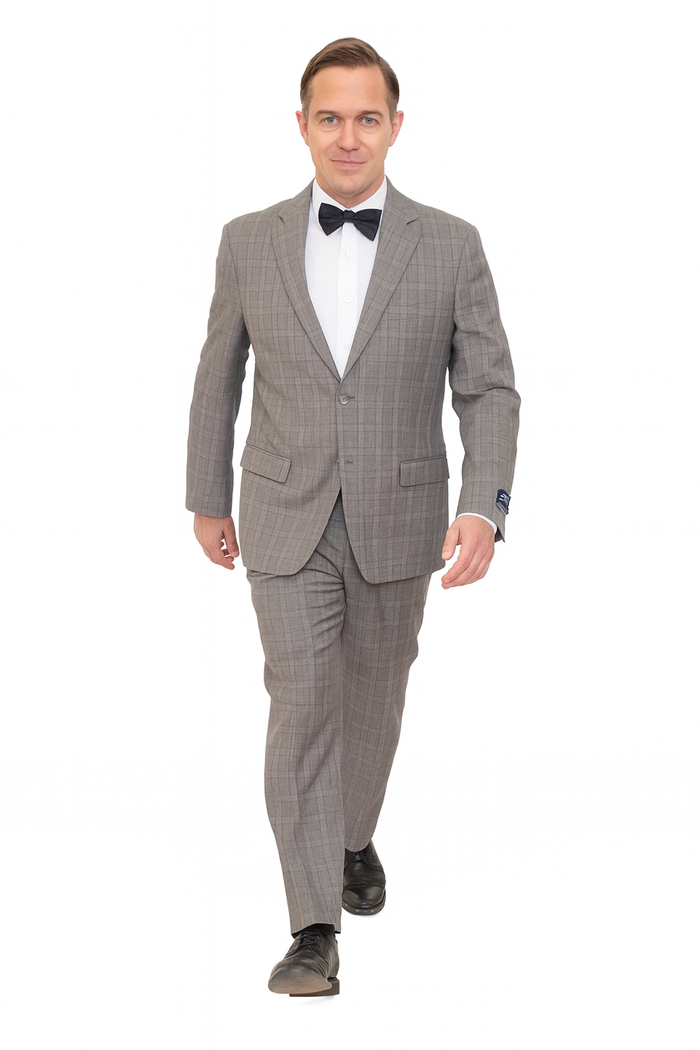 Mens Plaid Suit Designer Affordable Inexpensive Men's Windowpane Pattern Gray-Blue Suit Flat Front Pant