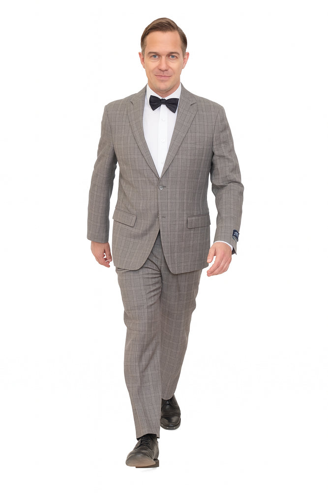 Mens Plaid Suit Designer Affordable Inexpensive Men's Windowpane Pattern Gray-Blue Suit Flat Front Pant