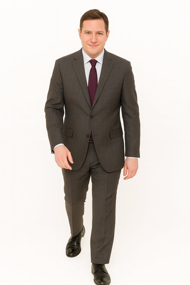 Mens Plaid Suit Designer Affordable Inexpensive Men's Windowpane Pattern Gray Suit Flat Front Pant