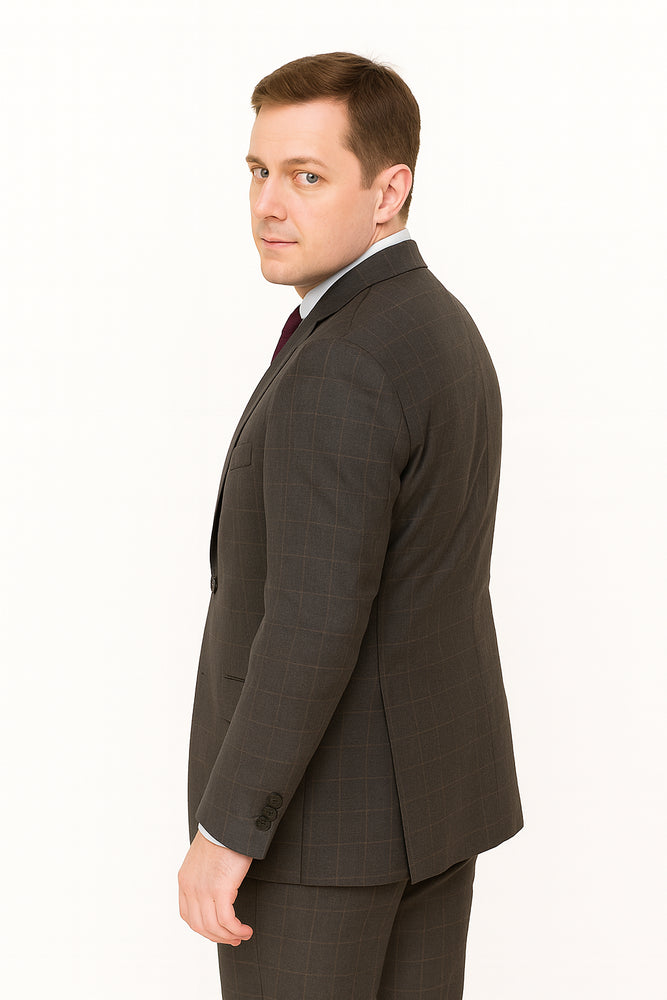 Mens Plaid Suit Designer Affordable Inexpensive Men's Windowpane Pattern Gray Suit Flat Front Pant