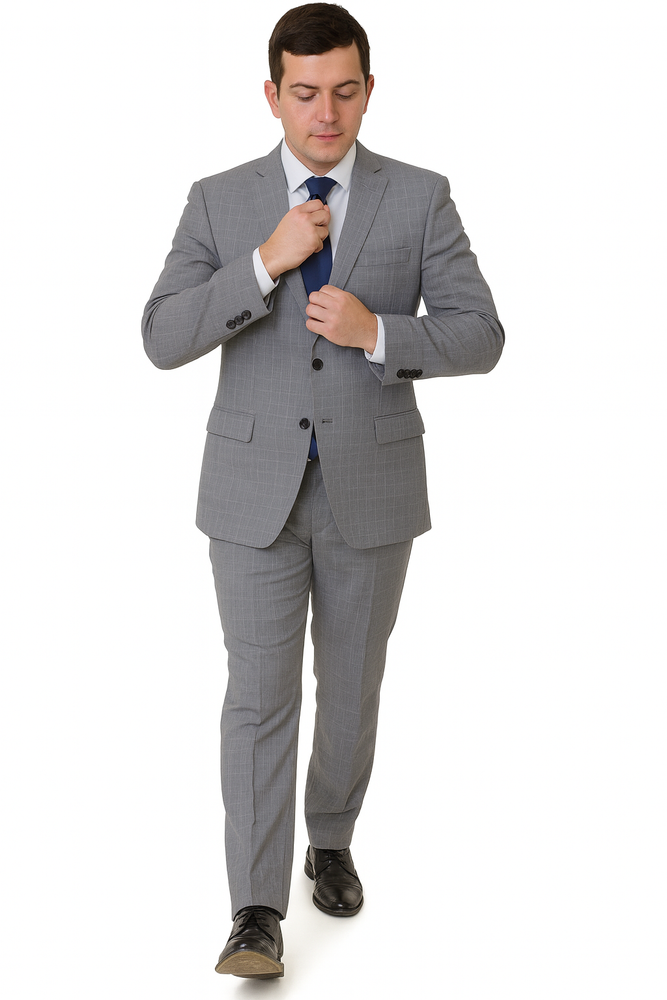 Mens Plaid Suit Mens Windowpane Pattern Two Piece Light Gray Suit