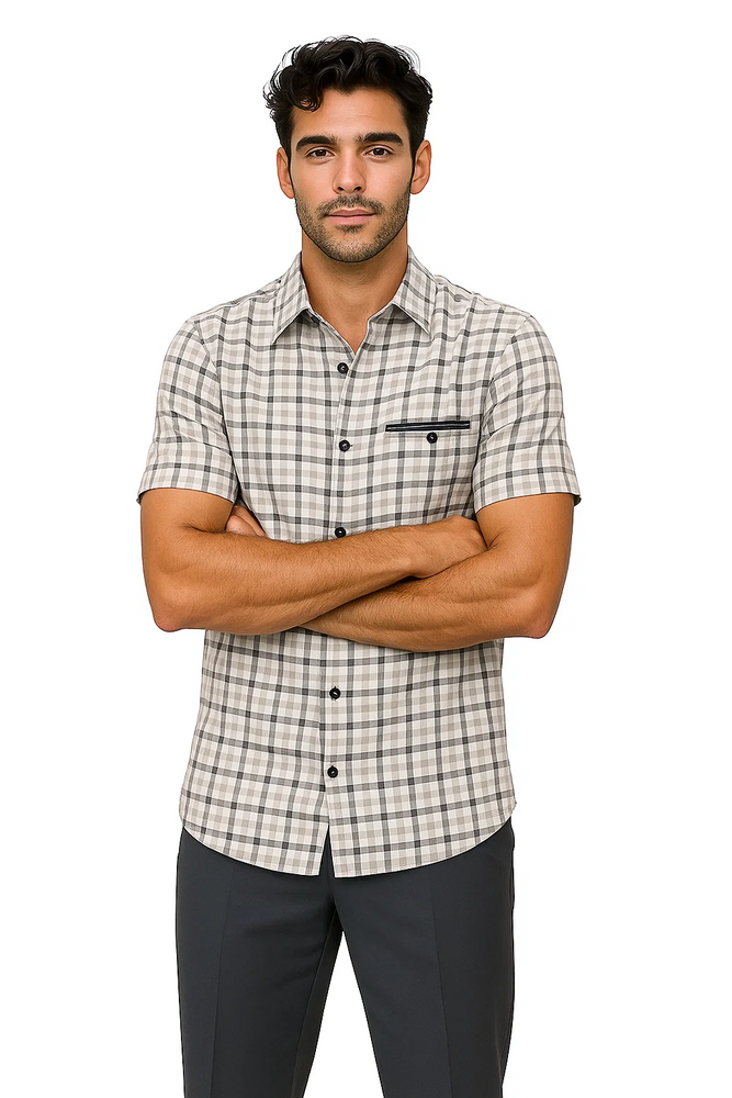 Mens Plaid Walking Suit in grey  by Dreams by Zacchi – 2 Piece Leisure Outfit with Matching Shirt and Pants - $99