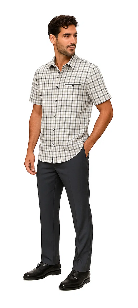 Mens Plaid Walking Suit in grey  by Dreams by Zacchi – 2 Piece Leisure Outfit with Matching Shirt and Pants - $99