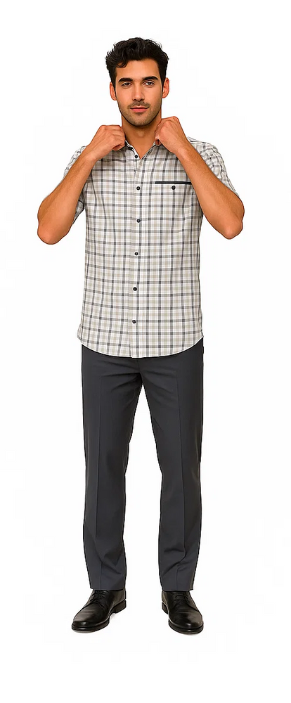 Mens Plaid Walking Suit in grey  by Dreams by Zacchi – 2 Piece Leisure Outfit with Matching Shirt and Pants - $99