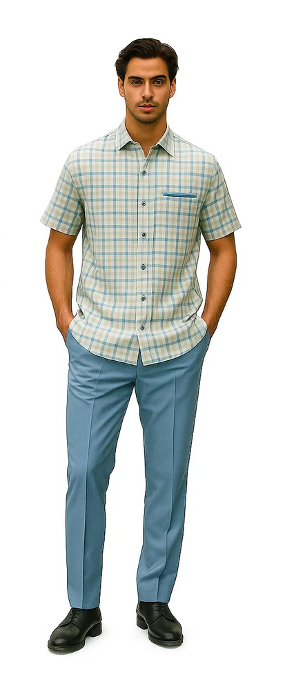 Mens Plaid Walking Suit in Powder Blue by Dreams by Zacchi – 2 Piece Leisure Outfit with Matching shirt and pant - $99