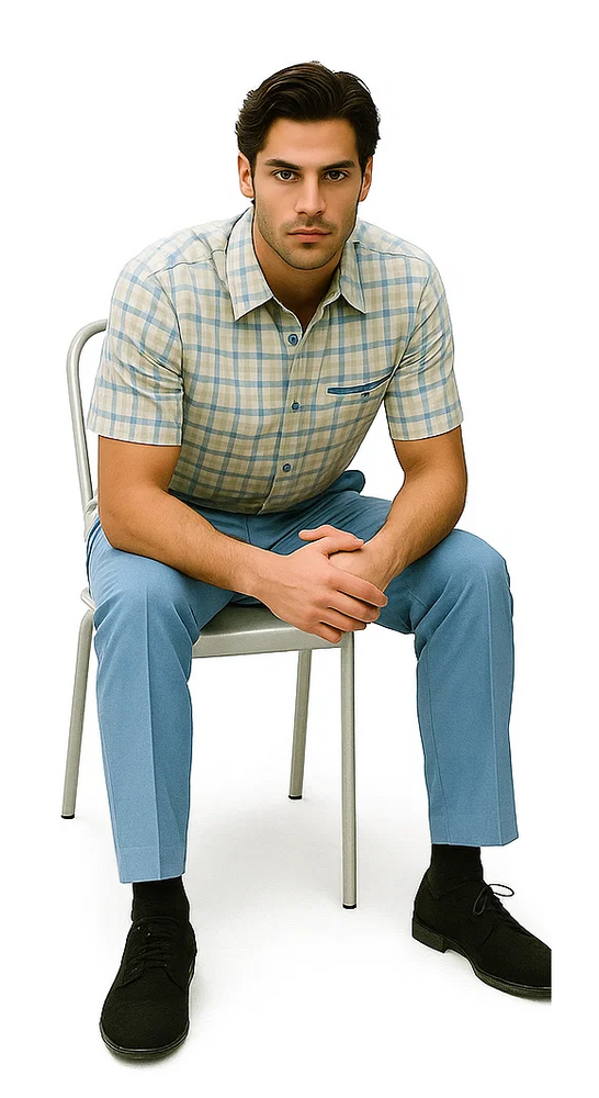 Mens Plaid Walking Suit in Powder Blue by Dreams by Zacchi – 2 Piece Leisure Outfit with Matching shirt and pant - $99