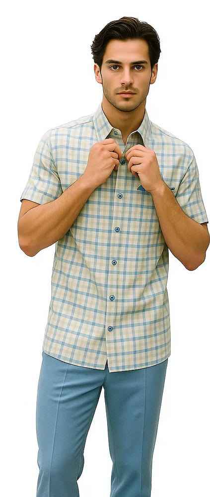 Mens Plaid Walking Suit in Powder Blue by Dreams by Zacchi – 2 Piece Leisure Outfit with Matching shirt and pant - $99