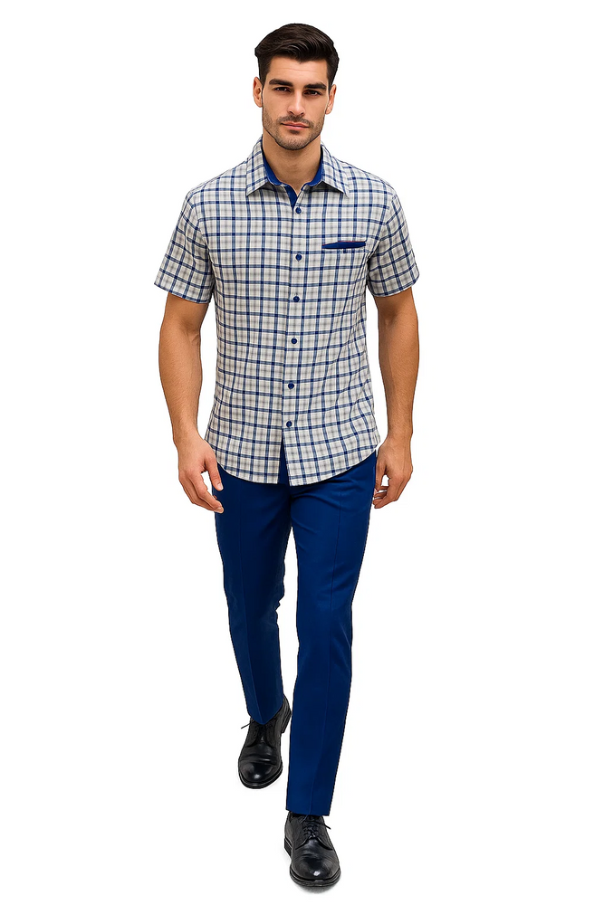 Mens Plaid Walking Suit in Royal by Dreams by Zacchi – 2 Piece Leisure Outfit with Matching Shirt and Pants - $99