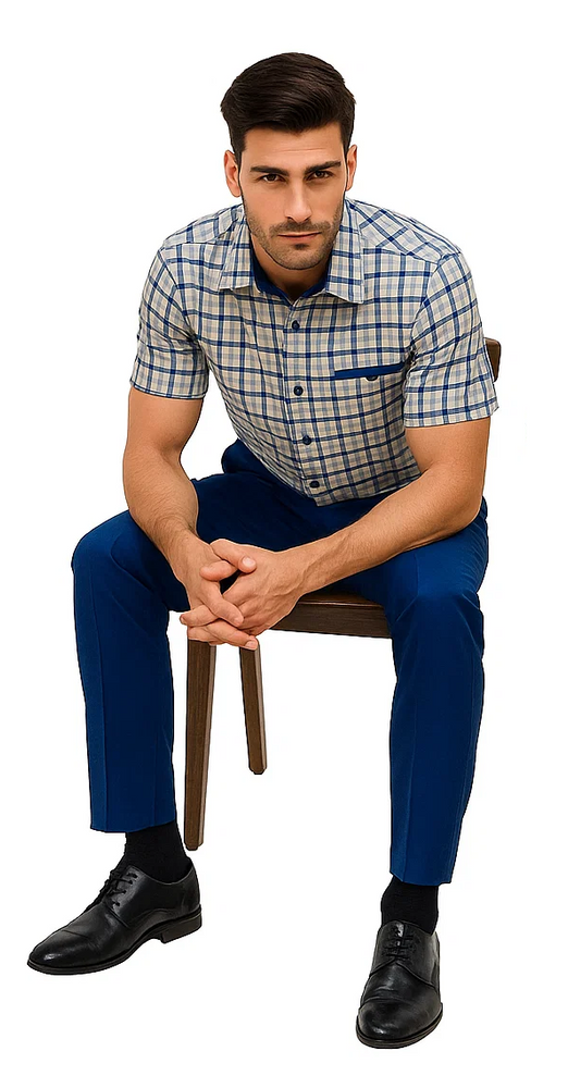 Mens Plaid Walking Suit in Royal by Dreams by Zacchi – 2 Piece Leisure Outfit with Matching Shirt and Pants - $99