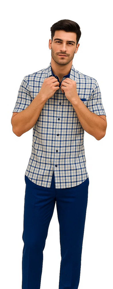 Mens Plaid Walking Suit in Royal by Dreams by Zacchi – 2 Piece Leisure Outfit with Matching Shirt and Pants - $99