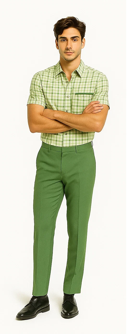 Mens Plaid Walking Suit in Sage by Dreams by Zacchi – 2 Piece Leisure Outfit with Matching Shirt and pant - $99