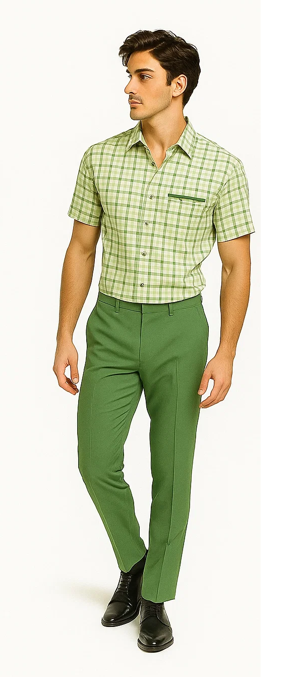 Mens Plaid Walking Suit in Sage by Dreams by Zacchi – 2 Piece Leisure Outfit with Matching Shirt and pant - $99