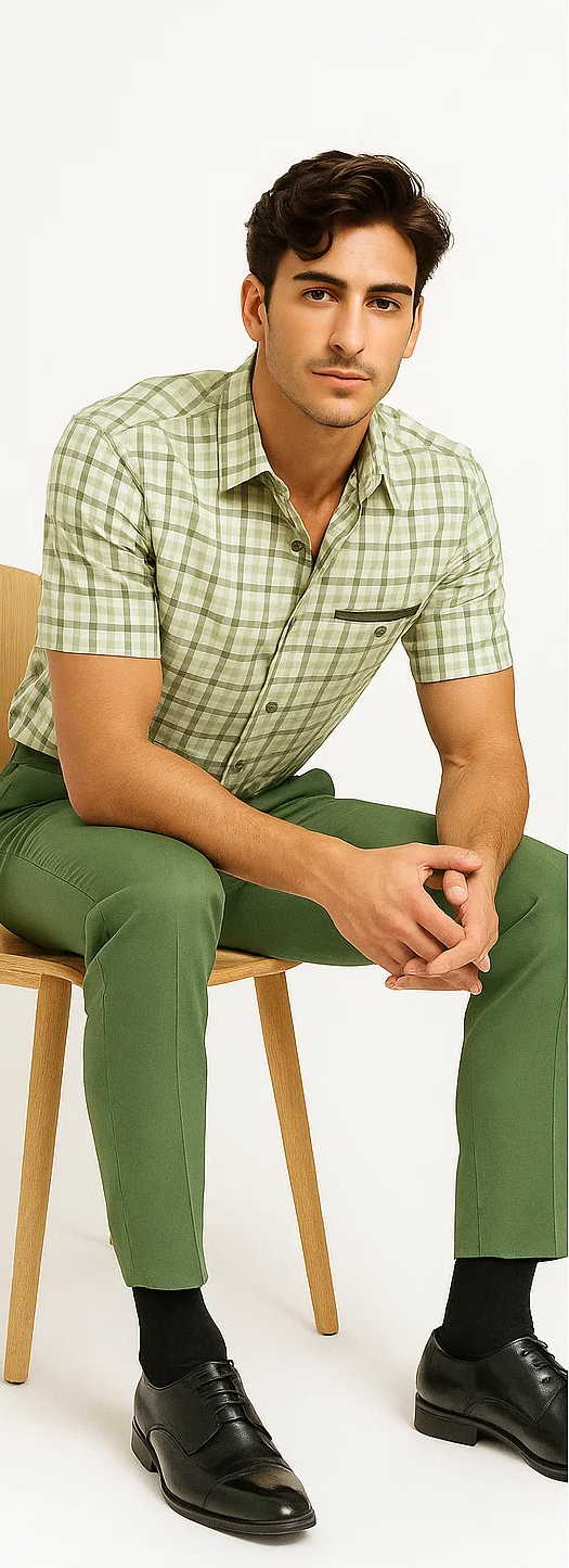 Mens Plaid Walking Suit in Sage by Dreams by Zacchi – 2 Piece Leisure Outfit with Matching Shirt and pant - $99
