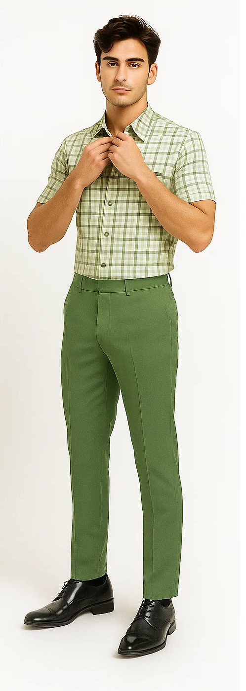 Mens Plaid Walking Suit in Sage by Dreams by Zacchi – 2 Piece Leisure Outfit with Matching Shirt and pant - $99