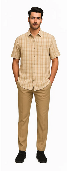 Mens Plaid Walking Suit in Tan by Dreams by Zacchi – 2 Piece Leisure Outfit with Matching Shirt and pant - $99