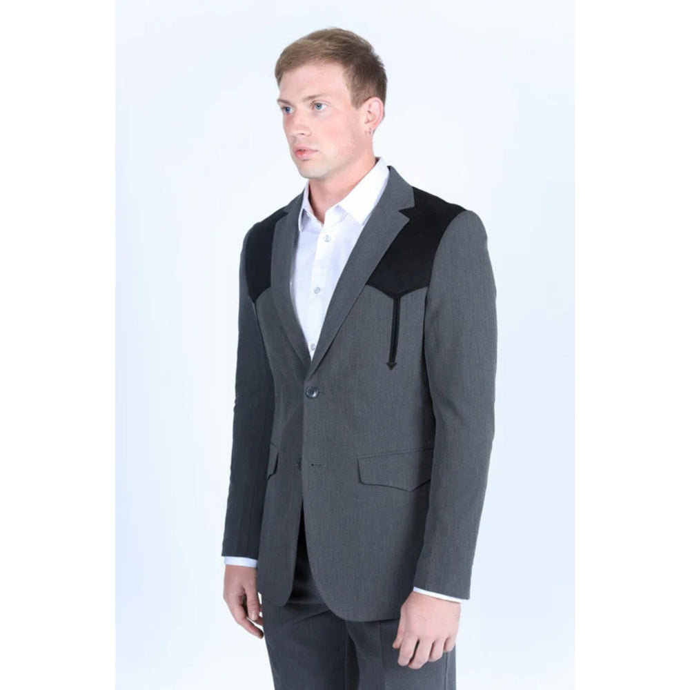 Men’s Platini Charcoal Western Blazer with Suede Yokes and Elbow Patch Detail