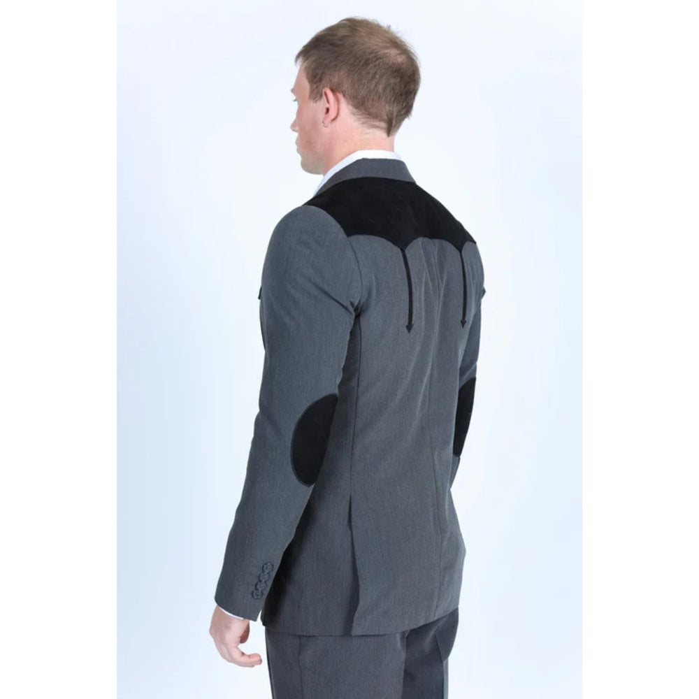 Men’s Platini Charcoal Western Blazer with Suede Yokes and Elbow Patch Detail