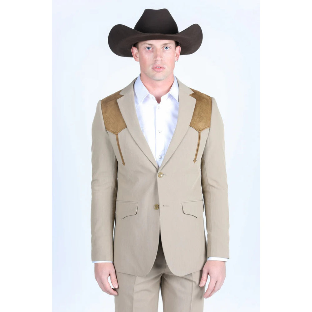 Men’s Platini Khaki Western Blazer with Suede Yokes and Elbow Patch Detail