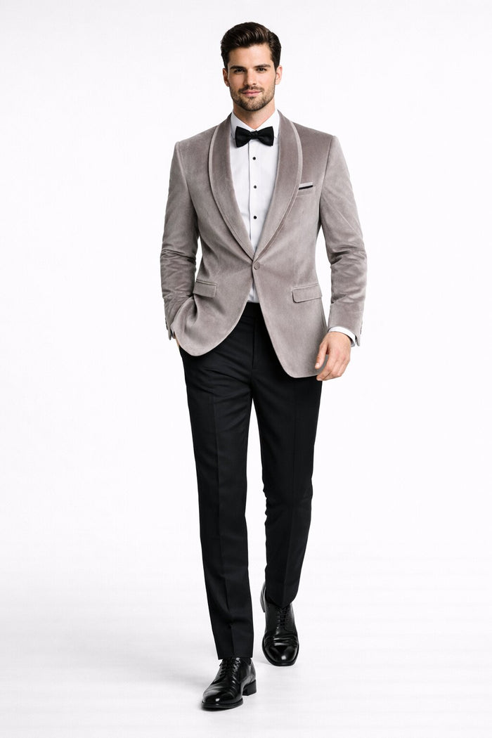 Men's Platinum Velvet Dinner Jacket with Satin Shawl Lapel | Formal Wedding Prom Blazer