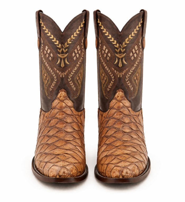 Mens Print Pirarucu Fish Boots Handcrafted Cognac